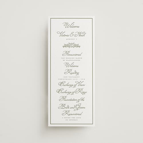 This is a olive unique wedding programs with letterpress by Petra Kern called crestino printing on white cotton in 4x9