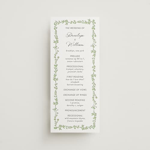 This is a matcha | soft black unique wedding programs with letterpress by Susan Moyal called flower garden printing on white cotton in 4x9