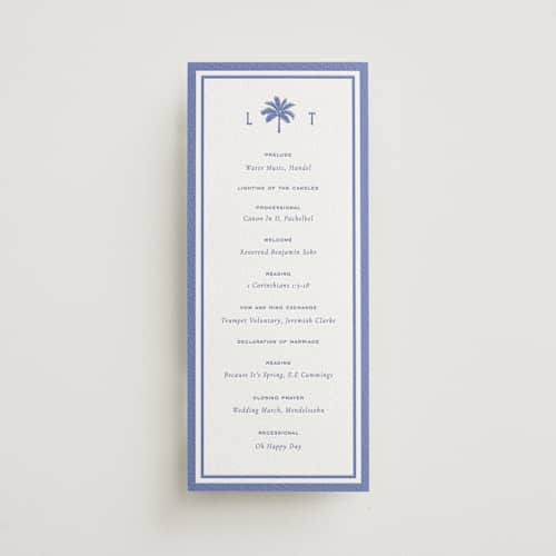 This is a bluebell unique wedding programs with letterpress by Sara Hicks Malone called preston printing on luxe white cotton in 4x9