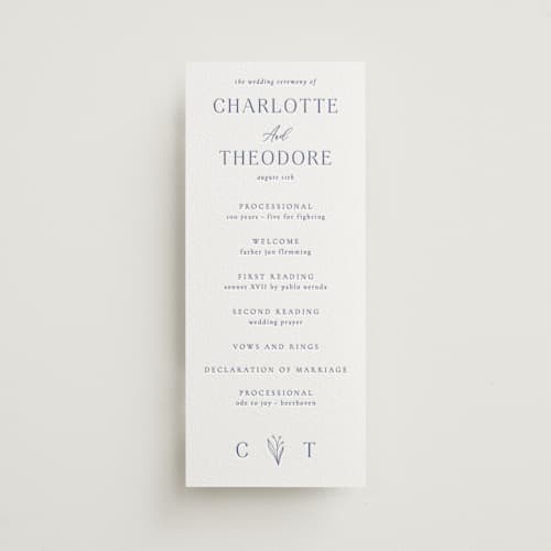 This is a bluebell unique wedding programs with letterpress by Jen Movitz called simple type printing on white cotton in 4x9