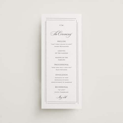 This is a smoke | blind deboss unique wedding programs with letterpress by Jelena Vuletic called clarion printing on white cotton in 4x9