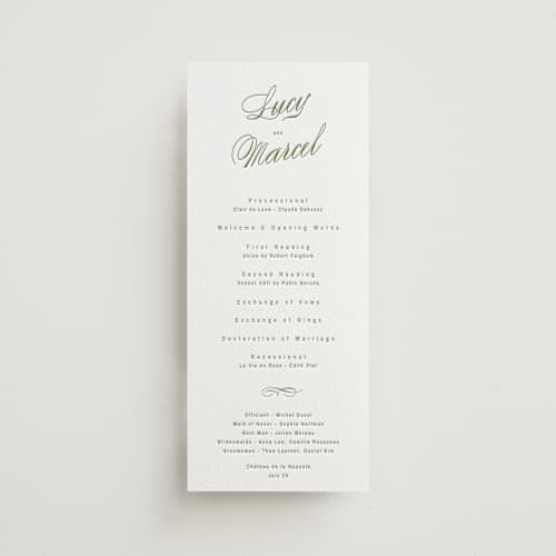 This is a olive unique wedding programs with letterpress by Ani Somi called love in the afternoon printing on white cotton in 4x9