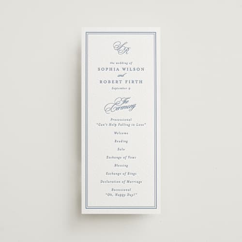 This is a pacific blue unique wedding programs with letterpress by Creo Study called posh printing on white cotton in 4x9