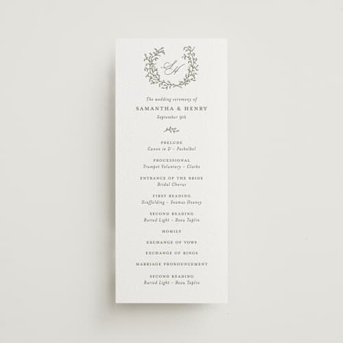 This is a artichoke unique wedding programs with letterpress by Katherine Moynagh called garden script printing on white cotton in 4x9