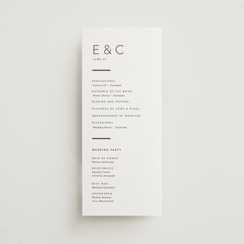 This is a clove unique wedding programs with letterpress by Alston Foster called kismet printing on white cotton in 4x9