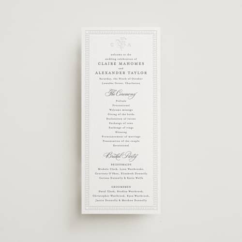This is a smoke unique wedding programs with letterpress by Creo Study called heirloom printing on luxe white cotton in 4x9