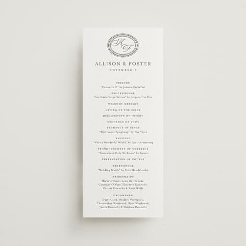 This is a graphite unique wedding programs with letterpress by Jessica Williams called haverly printing on white cotton in 4x9