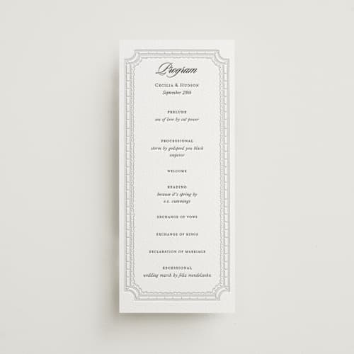 This is a soft black unique wedding programs with letterpress by Pati Cascino called sirmione printing on white cotton in 4x9