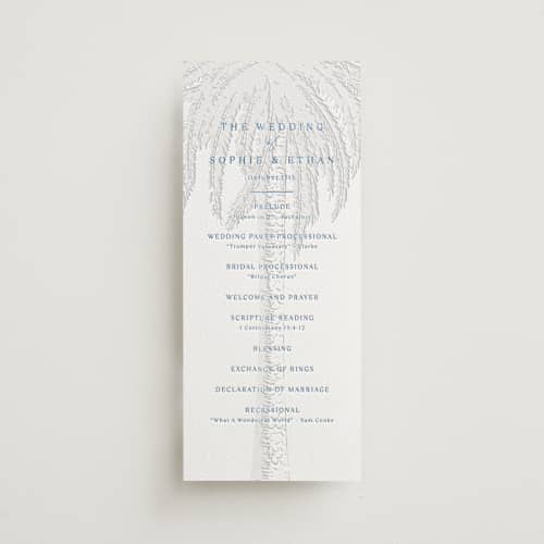 This is a marine blue unique wedding programs with letterpress by Kaydi Bishop called palm tree printing on white cotton in 4x9