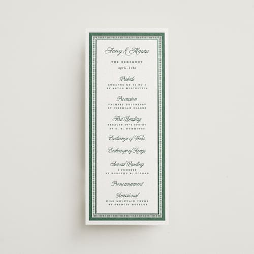 This is a racing green unique wedding programs with letterpress by Kelly Watkins called archer printing on white cotton in 4x9