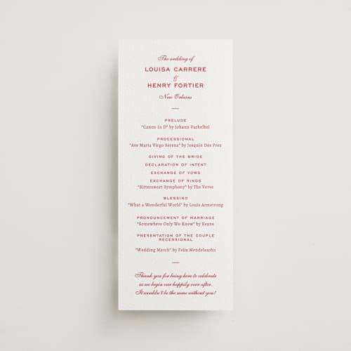 This is a ruby unique wedding programs with letterpress by Megan Davis called larkin printing on white cotton in 4x9