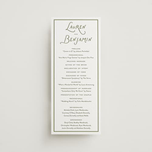 This is a artichoke unique wedding programs with letterpress by Oscar and Emma - Karly Depew called marshland printing on white cotton in 4x9