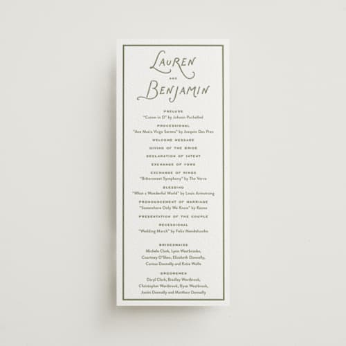 This is a artichoke unique wedding programs with letterpress by Oscar and Emma - Karly Depew called marshland printing on white cotton in 4x9