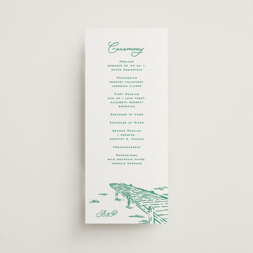 This is a racing green unique wedding programs with letterpress by Claudia Orengo called lakeview printing on white cotton in 4x9