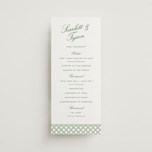 This is a fern unique wedding programs with letterpress by Angela Garrick called garden trellis printing on white cotton in 4x9