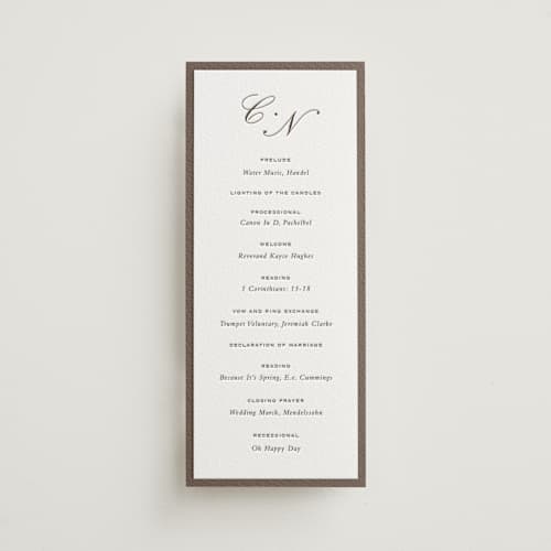 This is a cacao bean unique wedding programs with letterpress by Sara Hicks Malone called grammercy printing on white cotton in 4x9