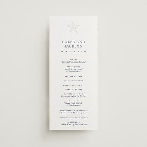 This is a blueberry unique wedding programs with letterpress by Jenna Holcomb called the sea printing on white cotton in 4x9