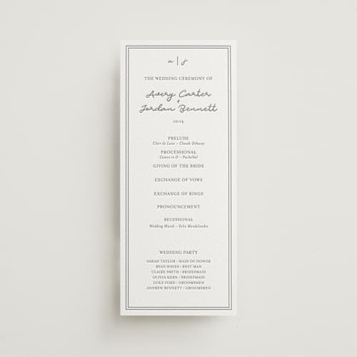 This is a artichoke unique wedding programs with letterpress by Brittney Jensen called the verdure suite printing on white cotton in 4x9