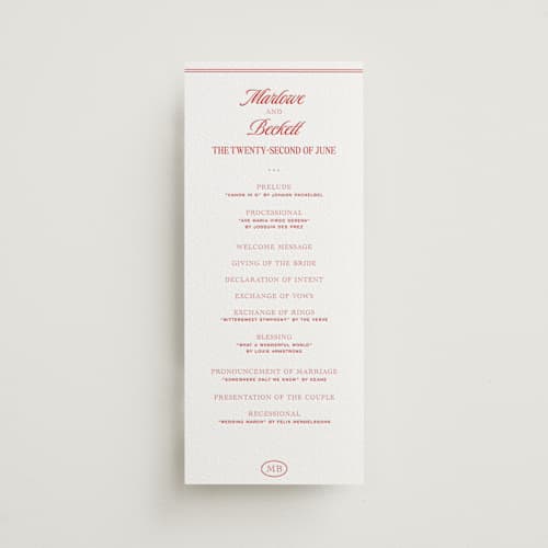 This is a ruby unique wedding programs with letterpress by Jenna Holcomb called vermilion printing on white cotton in 4x9