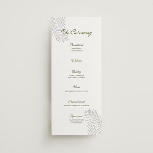 This is a olive | blind deboss unique wedding programs with letterpress by Julia Liverton called palm shade printing on white cotton in 4x9