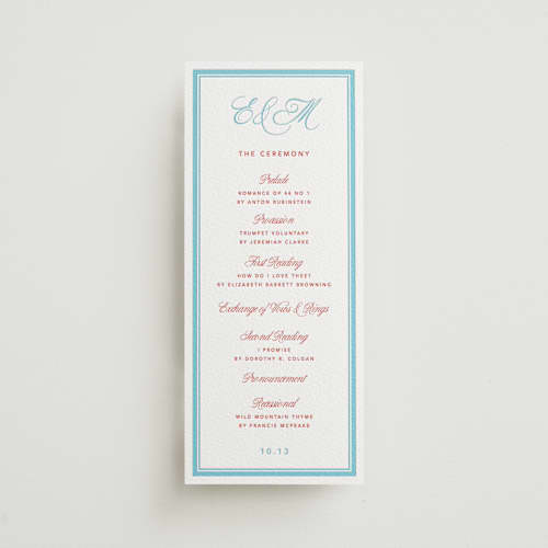 This is a ruby | vista unique wedding programs with letterpress by Kelly Watkins called charm printing on white cotton in 4x9