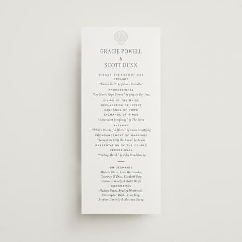 This is a smoke | blind deboss unique wedding programs with letterpress by Megan Davis called isle printing on white cotton in 4x9
