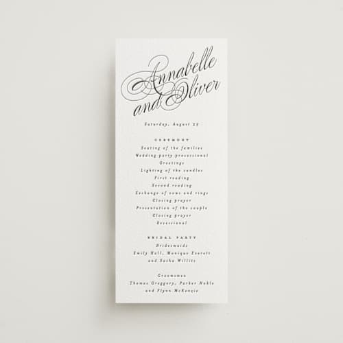 This is a soft black unique wedding programs with letterpress by Hudson meet Rose called forever printing on white cotton in 4x9