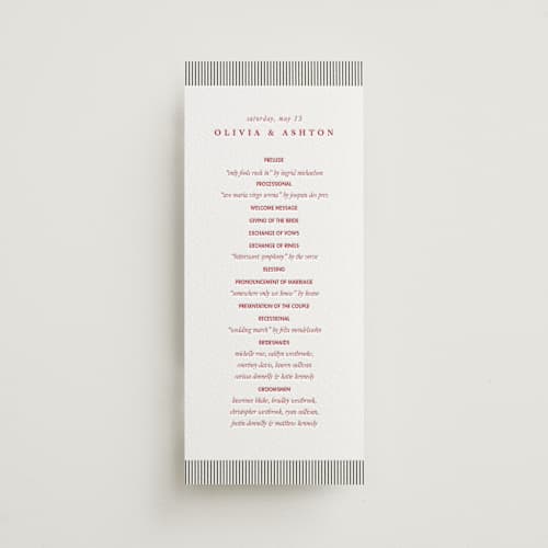 This is a maraschino unique wedding programs with letterpress by Charter Oaks Creative called classic cherries printing on white cotton in 4x9