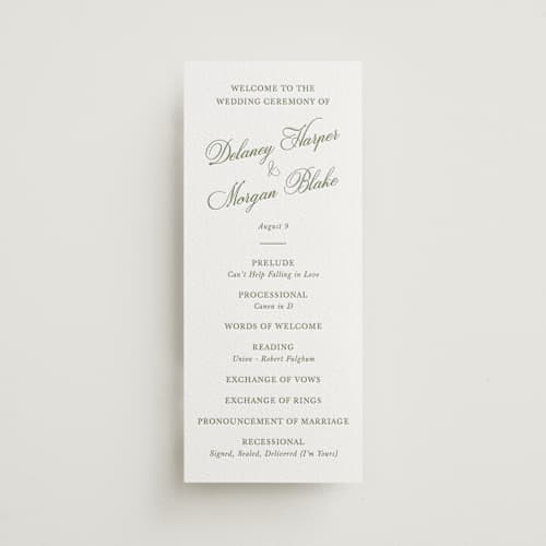 This is a olive unique wedding programs with letterpress by Cass Loh called classic bold border printing on white cotton in 4x9