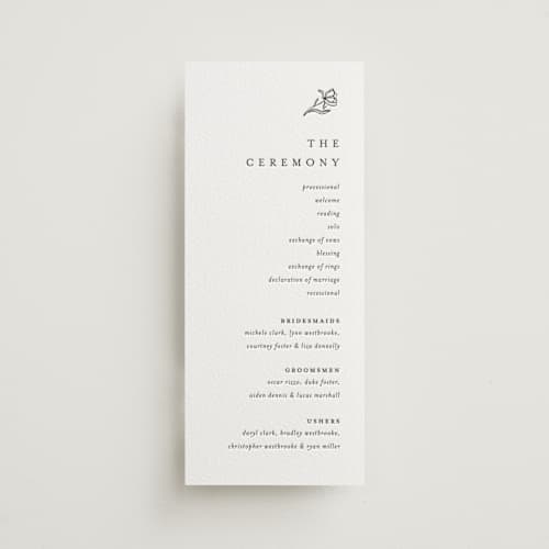 This is a soft black unique wedding programs with letterpress by Pixel and Hank called floral cascade printing on white cotton in 4x9