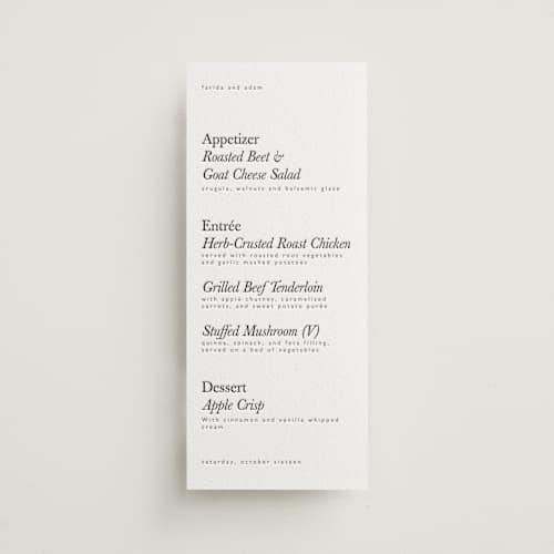 This is a soft black menu cards with letterpress by Hudson meet Rose called westin printing on white cotton in 4x9