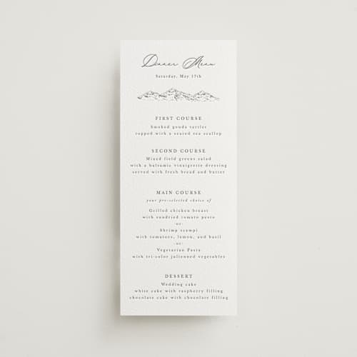 This is a graphite menu cards with letterpress by Sarah Brown called mountainview printing on white cotton in 4x9