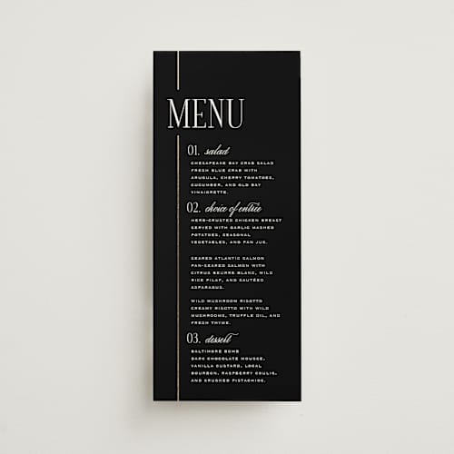 This is a silk menu cards with foil pressed by Laura Hankins called linear printing on signature in 4x9