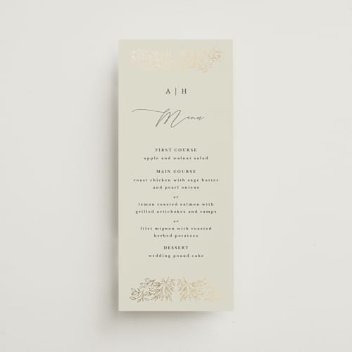 This is a taupe menu cards with foil pressed by Hannah Williams called foil botanical frame printing on signature in 4x9