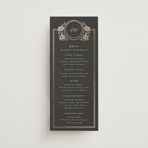 This is a ebony menu cards with foil pressed by Ana de Sousa called timeless nature printing on signature in 4x9