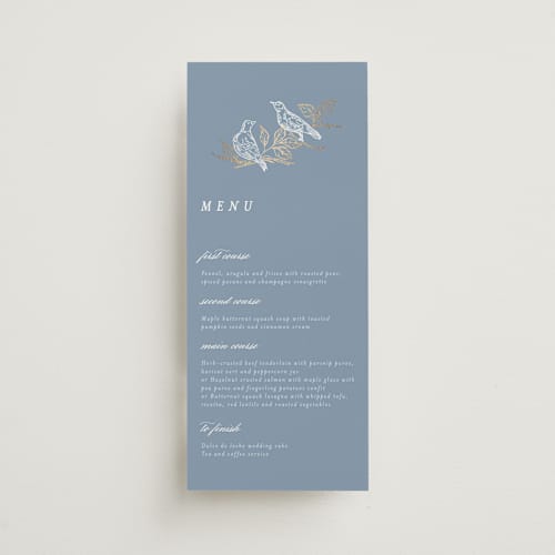 This is a cornflower menu cards with foil pressed by Grae called meet me in the garden printing on signature in 4x9