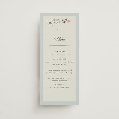 This is a mist menu cards with foil pressed by Hannah Williams called blue garden printing on signature in 4x9