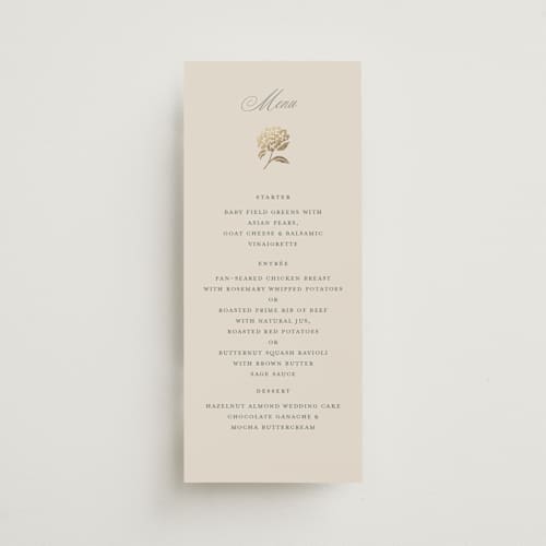 This is a tea time menu cards with foil pressed by Susan Zinader called shimmering hydrangeas printing on signature in 4x9