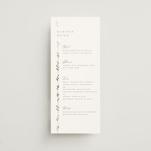 This is a lily menu cards with foil pressed by Owl and Toad called courtyard printing on signature in 4x9