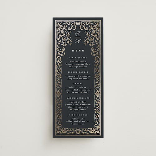 This is a onyx menu cards with foil pressed by Ana de Sousa called regency grace printing on signature in 4x9