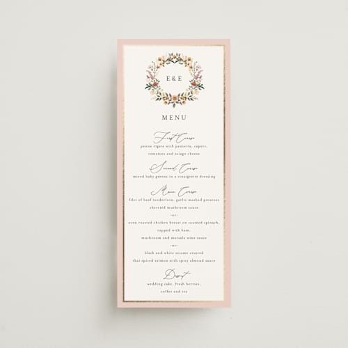 This is a blush menu cards with foil pressed by Susan Moyal called blooming vine printing on signature in 4x9