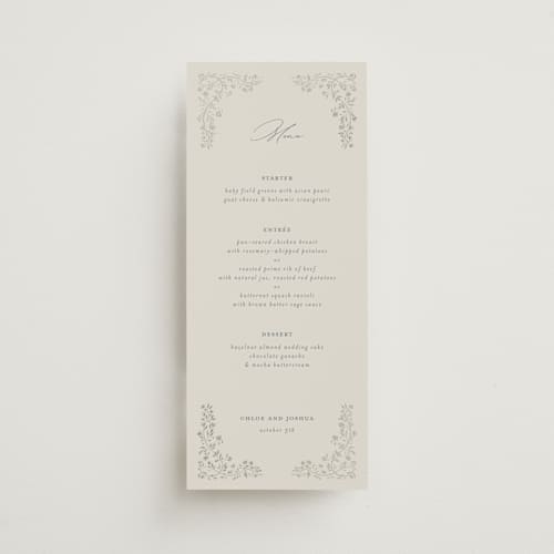 This is a something blue menu cards with foil pressed by Gwen Bedat called floral romance printing on signature in 4x9