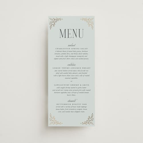 This is a mist menu cards with foil pressed by Laura Hankins called enchanted printing on signature in 4x9