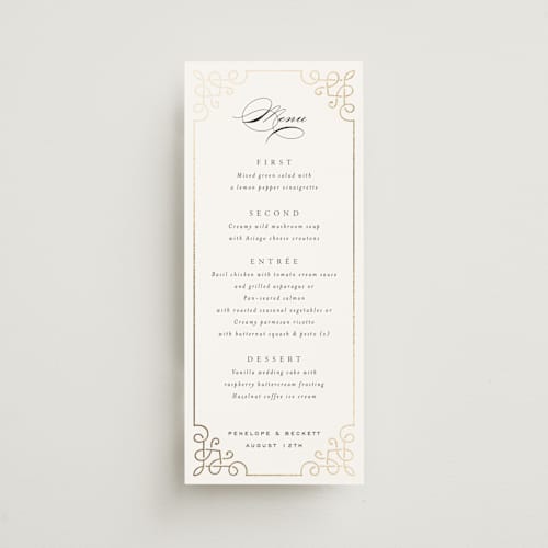 This is a pearl menu cards with foil pressed by Janean Hinger called intertwined printing on signature in 4x9