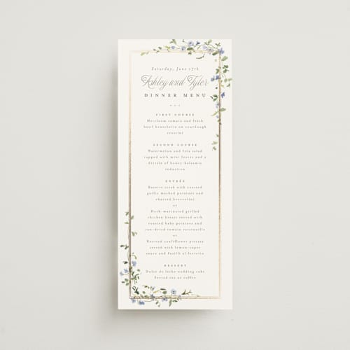 This is a bluebell menu cards with foil pressed by Everett Paper Goods called flowering vine printing on signature in 4x9