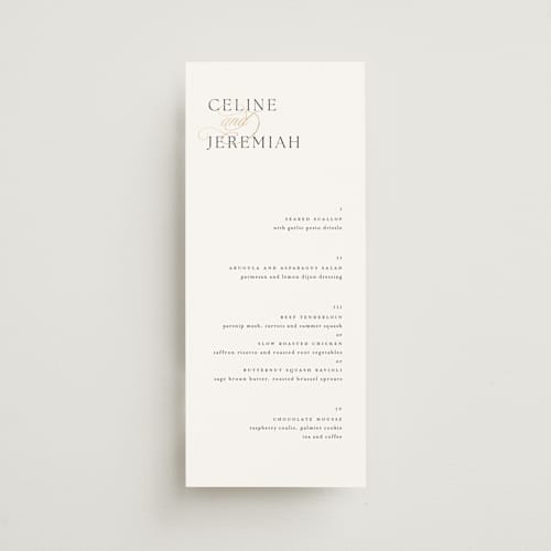 This is a silk menu cards with foil pressed by Kelly Schmidt called left align printing on signature in 4x9