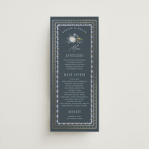 This is a periwinkle menu cards with foil pressed by Erin German called sadie printing on signature in 4x9