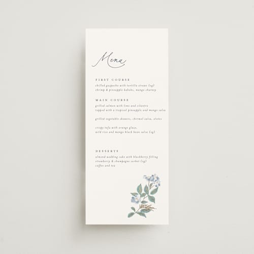 This is a sapphire menu cards with foil pressed by Olivia Raufman called climbing florals printing on signature in 4x9