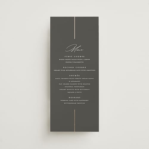 This is a iron menu cards with foil pressed by Erica Krystek called formal lines printing on signature in 4x9