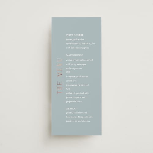This is a provincial menu cards with foil pressed by Angela Thompson called gilded edge printing on signature in 4x9